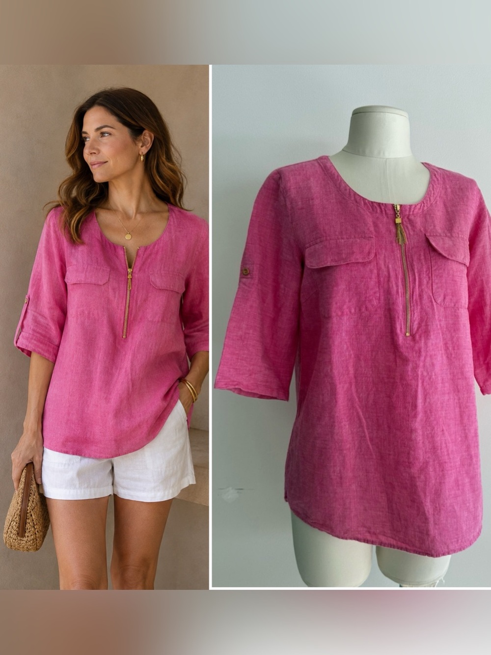 Ellen Tracy Hot Pink Zip-Front Linen-Blend Tunic - Picture 2 of 12